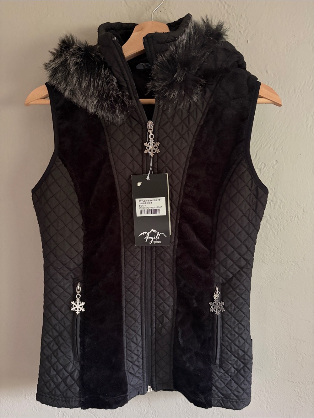 Angèle Sportswear Women’s Small Vest Black Quilted Faux-Fur Trim Winter French